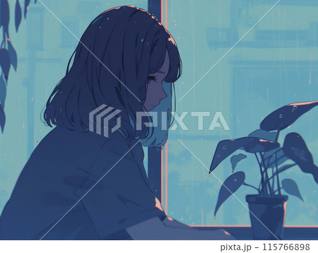 梅雨空 雨降りの陰鬱な日 気だるそうな表情の女の子 梅雨空 雨降りの陰鬱な日 気だるそうな表情の女の子 115766898