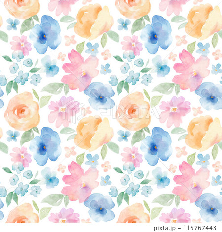 Beautiful floral seamless pattern with hand drawn watercolor abstract flowers. Stock illustration. Gentle summer design. Seamless print. 115767443