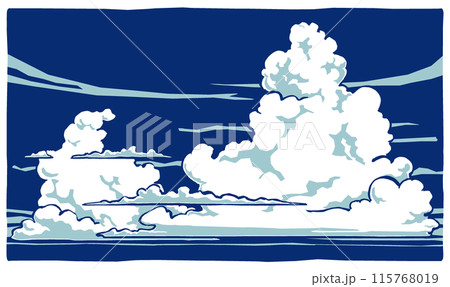 深い青色の夏空に湧く大小の入道雲　筆描き・2色塗り 115768019