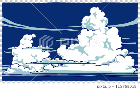 大大小小的雲彩在深藍色的夏日天空中升起，用毛筆和兩種顏色塗成 115768019