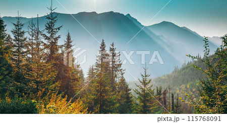 Tatra National Park, Poland. Sunrise Above Summer Mountain And Misty Forest Landscape. Morning Sun Sunshine Sunlight Above Peak And Trees. 115768091