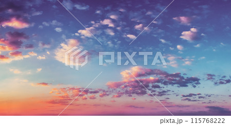 Panorama Sunset Sunrise Sky Background. Natural Bright Dramatic Sky In Sunset Dawn Sunrise. Yellow, Blue And Pink Colors 115768222