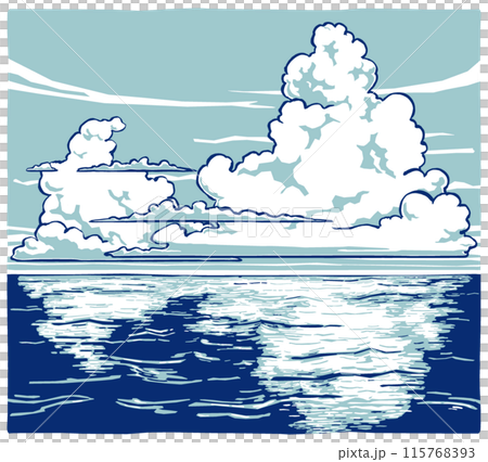 Large and small cumulonimbus clouds in the summer sky over the ocean - brush drawing, two-tone painting Large and small cumulonimbus clouds in the summer sky over the ocean - brush drawing, two-tone painting 115768393
