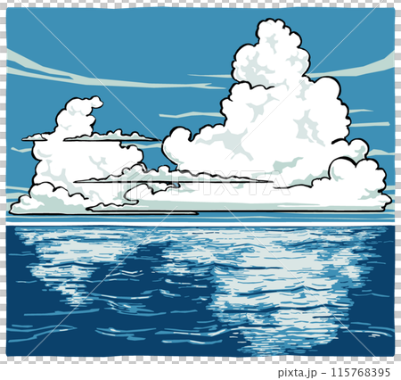 Large and small cumulonimbus clouds in the summer sky over the ocean - brush drawing and matte painting Large and small cumulonimbus clouds in the summer sky over the ocean - brush drawing and matte painting 115768395