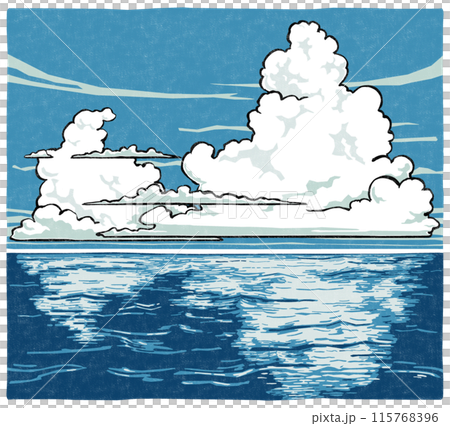 Large and small cumulonimbus clouds rising in the summer sky over the ocean, woodblock style Large and small cumulonimbus clouds rising in the summer sky over the ocean, woodblock style 115768396