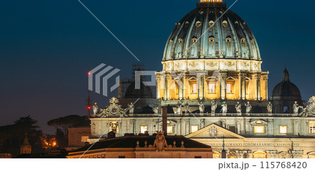 Rome, Italy. Dome Of Papal Basilica Of St. Peter In Vatican In Evening Night Illuminations 115768420