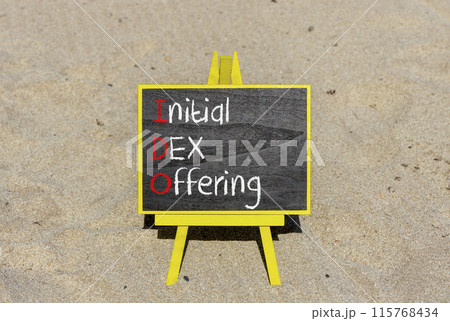 IDO initial DEX offering symbol. Concept words IDO initial DEX offering on beautiful yellow blackboard. Beautiful sand background. Business IDO initial DEX offering concept. Copy space. 115768434