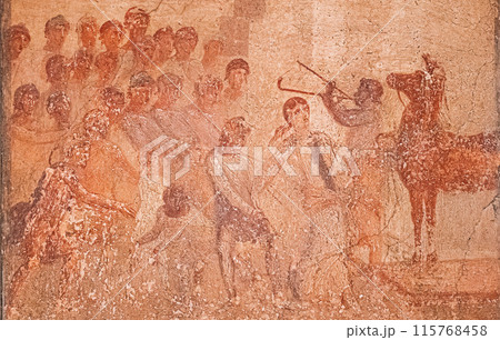 Pompeii, Italy. Ancient Frescoes In Wall Of Old Building Pompeii, Italy. Ancient Frescoes In Wall Of Old Building 115768458