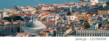 Naples, Italy. Top View Cityscape Skyline With Famous Landmarks And Part Of Gulf Of Naples In Sunny Day. Many Old Churches And Temples 115768500