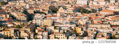 Naples, Italy. Top View Cityscape Skyline With Famous Landmarks In Sunny Day. Many Old Churches And Temples 115768506
