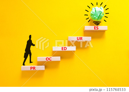 Procedures symbol. Concept word Procedures on beautiful wooden blocks. Businessman icon. Beautiful yellow background. Business procedures concept. Copy space. 115768533