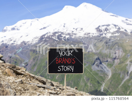 Branding and your brand story symbol. Concept words Your brands story on beautiful black chalk blackboard. Beautiful mountain Elbrus background. Business branding your brand story concept. Copy space. 115768564
