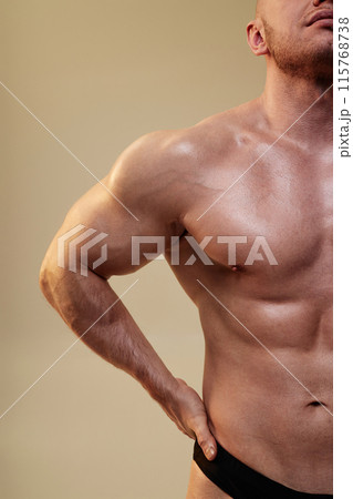 Vertical half close up shot of hard mans torso muscles. Young handsome sportsmans chest, abs and core musculature in studio against neutral background, copy space Vertical half close up shot of hard mans torso muscles. Young handsome sportsmans chest, abs and core musculature in studio against neutral background, copy space 115768738