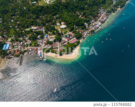 Coastline with houses and sandy white beach. Turquoise sea water with sunlight reflection. Samal Island. Davao, Philippines. 115768882