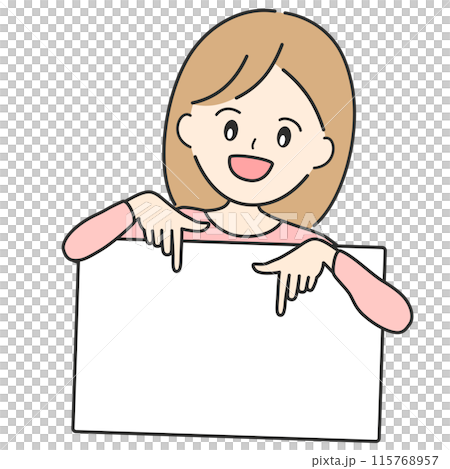 Illustration of a young Japanese woman pointing down with both hands to attract someone's attention Illustration of a young Japanese woman pointing down with both hands to attract someone's attention 115768957