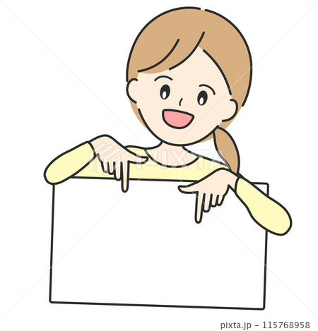 両手で下を指差し人物の注目を集めようとする若い日本人女性のイラスト 両手で下を指差し人物の注目を集めようとする若い日本人女性のイラスト 115768958