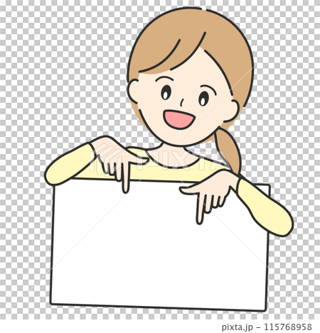 両手で下を指差し人物の注目を集めようとする若い日本人女性のイラスト 両手で下を指差し人物の注目を集めようとする若い日本人女性のイラスト 115768958