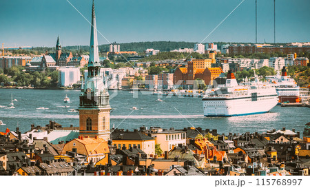 Stockholm, Sweden. Scenic View Of Skyline At Summer Day. Elevated View Of German St Gertrude's Church. Famous Popular Destination 115768997