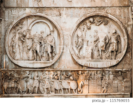 Rome, Italy. Details Of Arch Of Constantine. Bas-relief On Facade Of Triumphal Arch Rome, Italy. Details Of Arch Of Constantine. Bas-relief On Facade Of Triumphal Arch 115769055