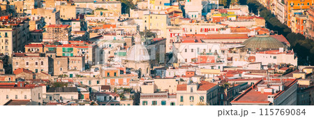 Naples, Italy. Top View Cityscape Skyline With Famous Landmarks In Sunny Day. Many Old Churches And Temples Naples, Italy. Top View Cityscape Skyline With Famous Landmarks In Sunny Day. Many Old Churches And Temples 115769084