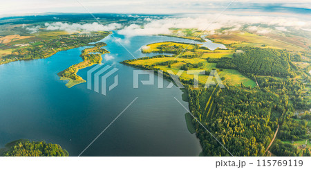 Lyepyel District, Lepel Lake, Beloozerny District, Vitebsk Region. Aerial View Of Residential Area With Houses In Countryside. Morning Fog Above Lepel Lake. Top View Of European Nature From High Lyepyel District, Lepel Lake, Beloozerny District, Vitebsk Region. Aerial View Of Residential Area With Houses In Countryside. Morning Fog Above Lepel Lake. Top View Of European Nature From High 115769119