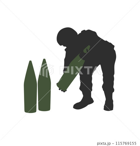 Isolated silhouette of a soldier raising artillery ammunition. Black drawing of a warrior serving a cannon. Modern war scene 115769155