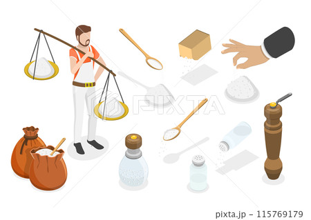 3D Isometric Flat Illustration of Salt Powder Collection, Salty Sea Crystals 3D Isometric Flat Illustration of Salt Powder Collection, Salty Sea Crystals 115769179