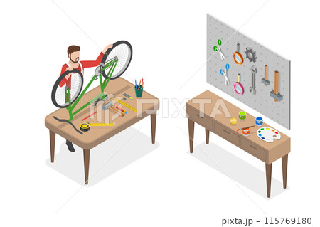 3D Isometric Flat  Illustration of Fixing Bike, Technician Fixing a Bicycle 115769180