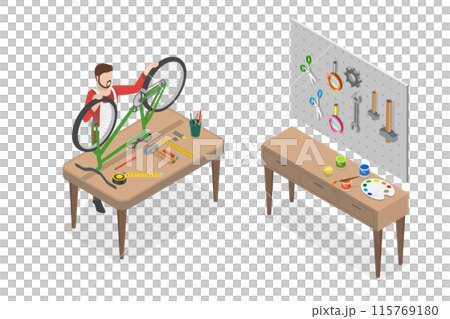 3D Isometric Flat  Illustration of Fixing Bike, Technician Fixing a Bicycle 115769180