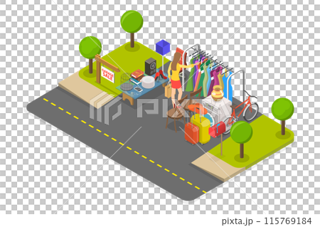 3D Isometric Flat  Illustration of Garage Sale, Flea Market Items 115769184