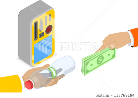 3D Isometric Flat  Illustration of Cans and Plastic Bottle Recycling , Reverse Vending Recycling Machine 115769194