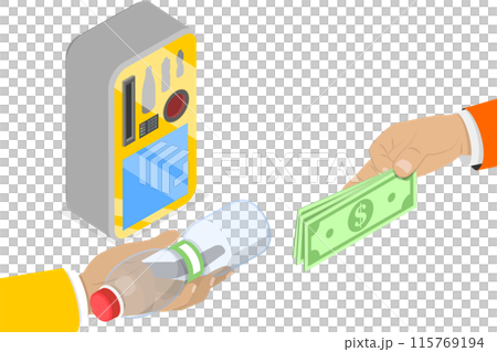3D Isometric Flat  Illustration of Cans and Plastic Bottle Recycling , Reverse Vending Recycling Machine 115769194