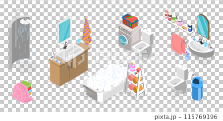3D Isometric Flat Set of Bathroom Interior Furniture, Shower Cabin, Sink with Mirror, Toilet 3D Isometric Flat Set of Bathroom Interior Furniture, Shower Cabin, Sink with Mirror, Toilet 115769196