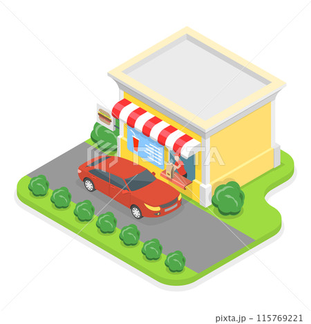 3D Isometric Flat Illustration of Drive Through Restaurant , Takeaway Foods and Drinks 3D Isometric Flat Illustration of Drive Through Restaurant , Takeaway Foods and Drinks 115769221
