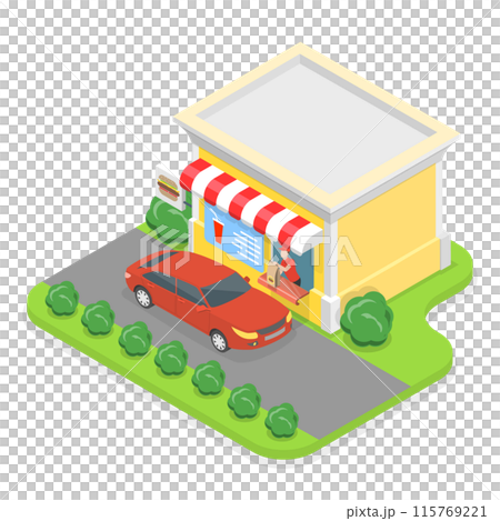 3D Isometric Flat Illustration of Drive Through Restaurant , Takeaway Foods and Drinks 3D Isometric Flat Illustration of Drive Through Restaurant , Takeaway Foods and Drinks 115769221