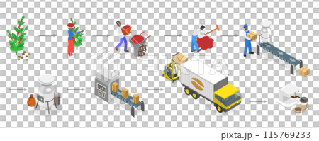 3D Isometric Flat  Illustration of Stages Of Coffee Production , Equipment, Workers, Tools and Transport 115769233
