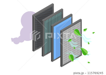 3D Isometric Flat Illustration of Air Filtering, Purification and Filtration Process 3D Isometric Flat Illustration of Air Filtering, Purification and Filtration Process 115769245
