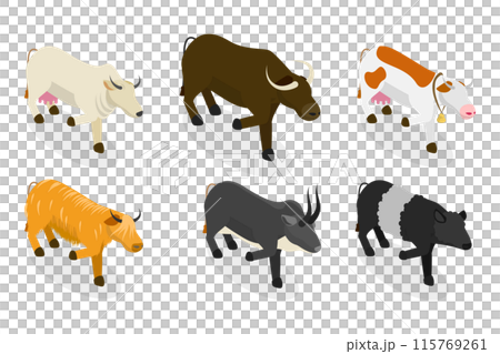 3D Isometric Flat  Set of Bulls And Cows, Farm Animals 115769261