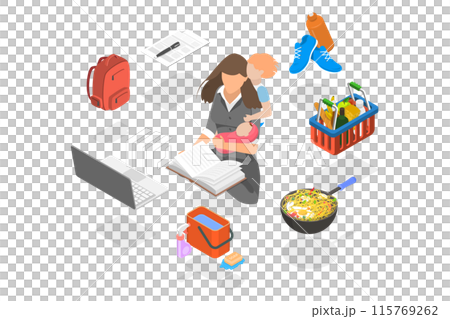 3D Isometric Flat  Illustration of Super Mom, Mother with Baby, Working, Coocking, Cleaning and Make a Shopping 115769262
