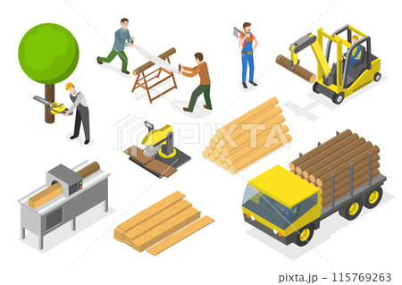3D Isometric Flat  Illustration of Timber Industry, Logging and Woodworking Process 115769263