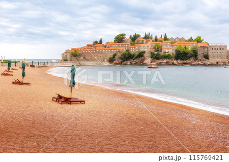 Sveti Stefan island in Montenegro and beach view 115769421
