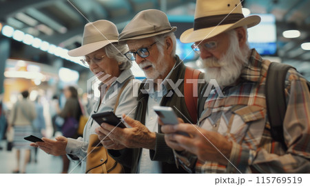 Group of senior tourists is using a smartphone to find their way around the airport 115769519