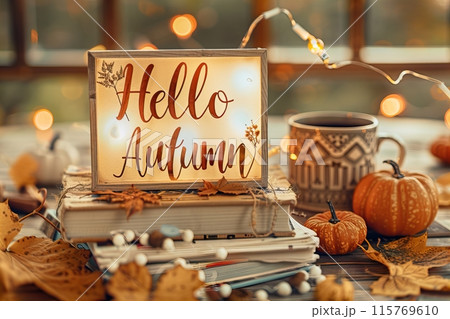 Fall backdrop. Books and dried orange maple leaves.  115769610