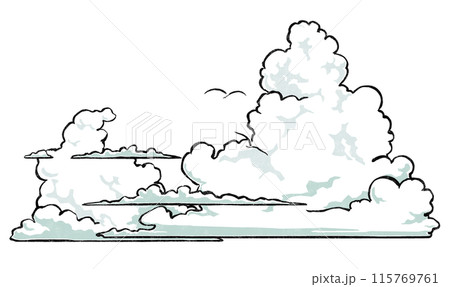 大小の入道雲と遠くを飛ぶ二羽の白い海鳥　版画風 115769761