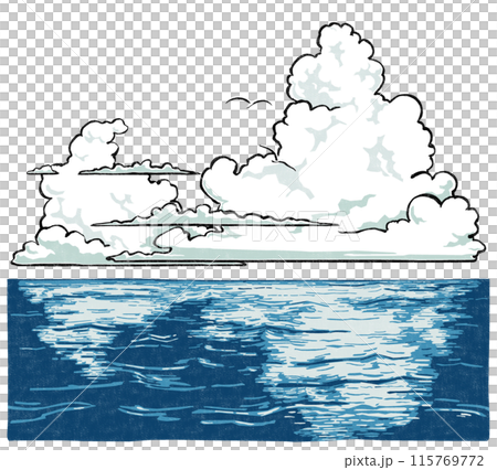 Large and small cumulonimbus clouds floating on the ocean and two white seabirds flying in the distance - woodblock print style 115769772