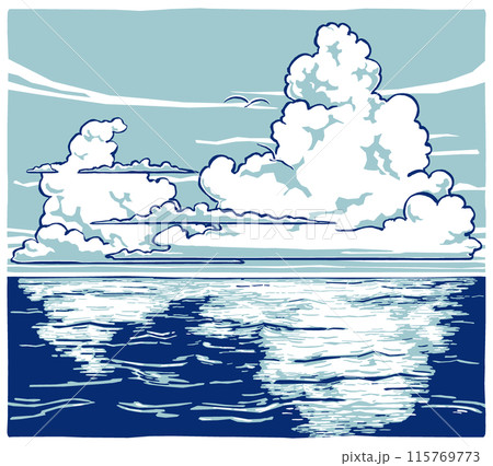 海原の夏空に湧く大小の入道雲と遠くを飛ぶ二羽の白い海鳥　筆描き・2色塗り 115769773