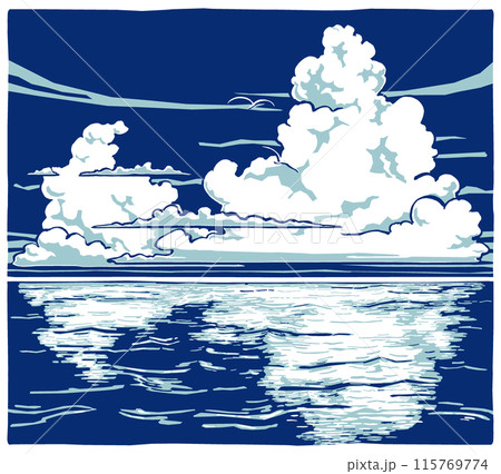 海原の深い青色の夏空に湧く大小の入道雲と遠くを飛ぶ二羽の白い海鳥 筆描き・2色塗り 海原の深い青色の夏空に湧く大小の入道雲と遠くを飛ぶ二羽の白い海鳥 筆描き・2色塗り 115769774
