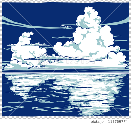 夏日深藍色的海洋天空升起大大小小的雲朵，遠處飛翔著兩隻白色的海鳥。 115769774