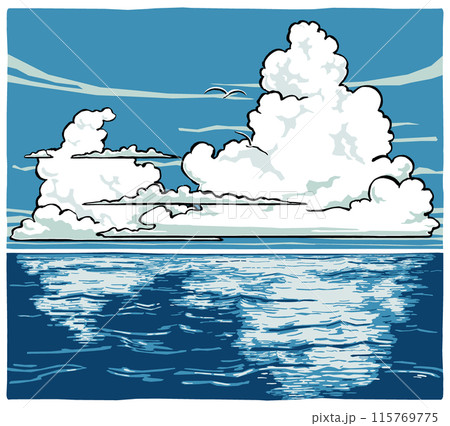 海原の夏空に湧く大小の入道雲と遠くを飛ぶ二羽の白い海鳥　筆描き・マット塗り 115769775