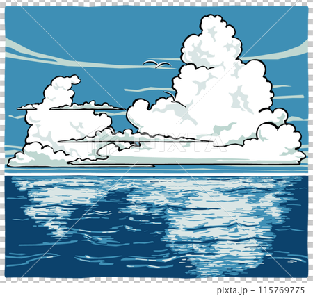 Large and small cumulonimbus clouds in the summer sky over the ocean and two white seabirds flying in the distance. Brush-drawn and matte-painted Large and small cumulonimbus clouds in the summer sky over the ocean and two white seabirds flying in the distance. Brush-drawn and matte-painted 115769775